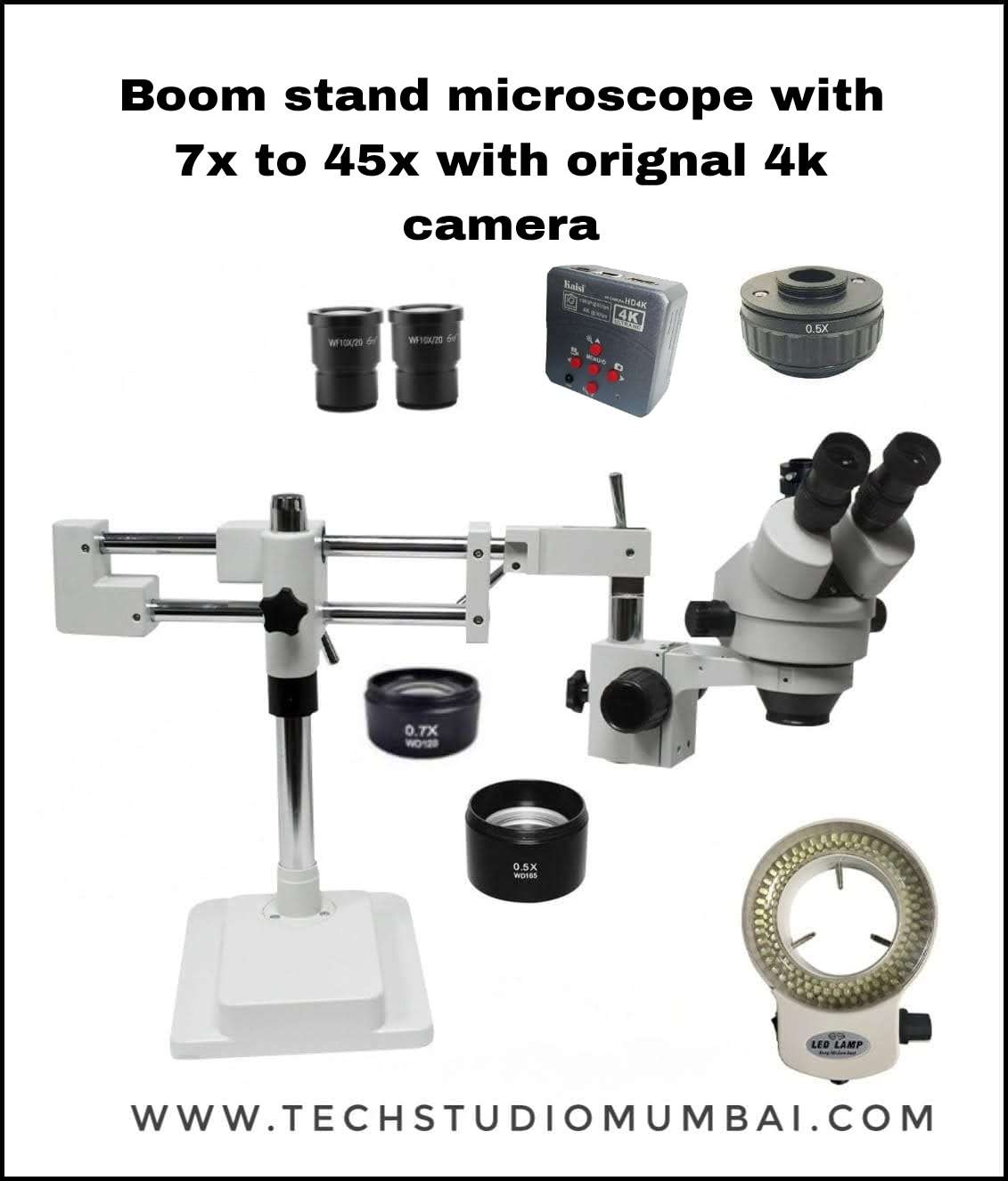 Trinocular Boom stand Microscope with 7X-45X lens and 4K Original Camera